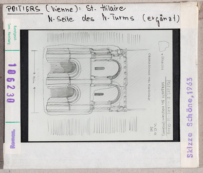 Vorschaubild Poitiers: Saint-Hilaire, Nordseite des Nordturms, ergänzt. Skizze Wolfgang Schöne 1963 